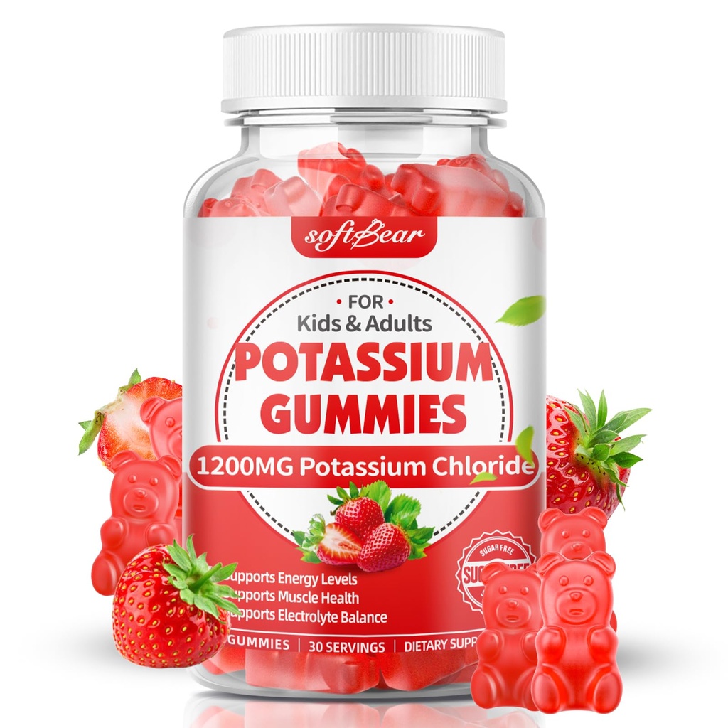 softbear Potassium Gummies para adultos, azúcar libre Potassium Chloride Gummies 1200mg Soporte Leg Cramps &amp; Electrolyte Balance High Potency Potassium Suplemento, Strawberry Flavor 60 Conde