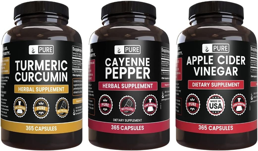 PURE ORIGINAL INGREDIENTES Cayenne Pepper, Turmeric Curcumin, Apple Sider Vinegar Bundle (365 cápsulas)