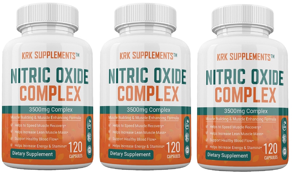3 Botellas Nitric Oxide Complex 3500mg Por Serving L-Arginine HCL AAKG AKG Alpha Ketoglutarate Citrulline Malate 360 cápsulas totales