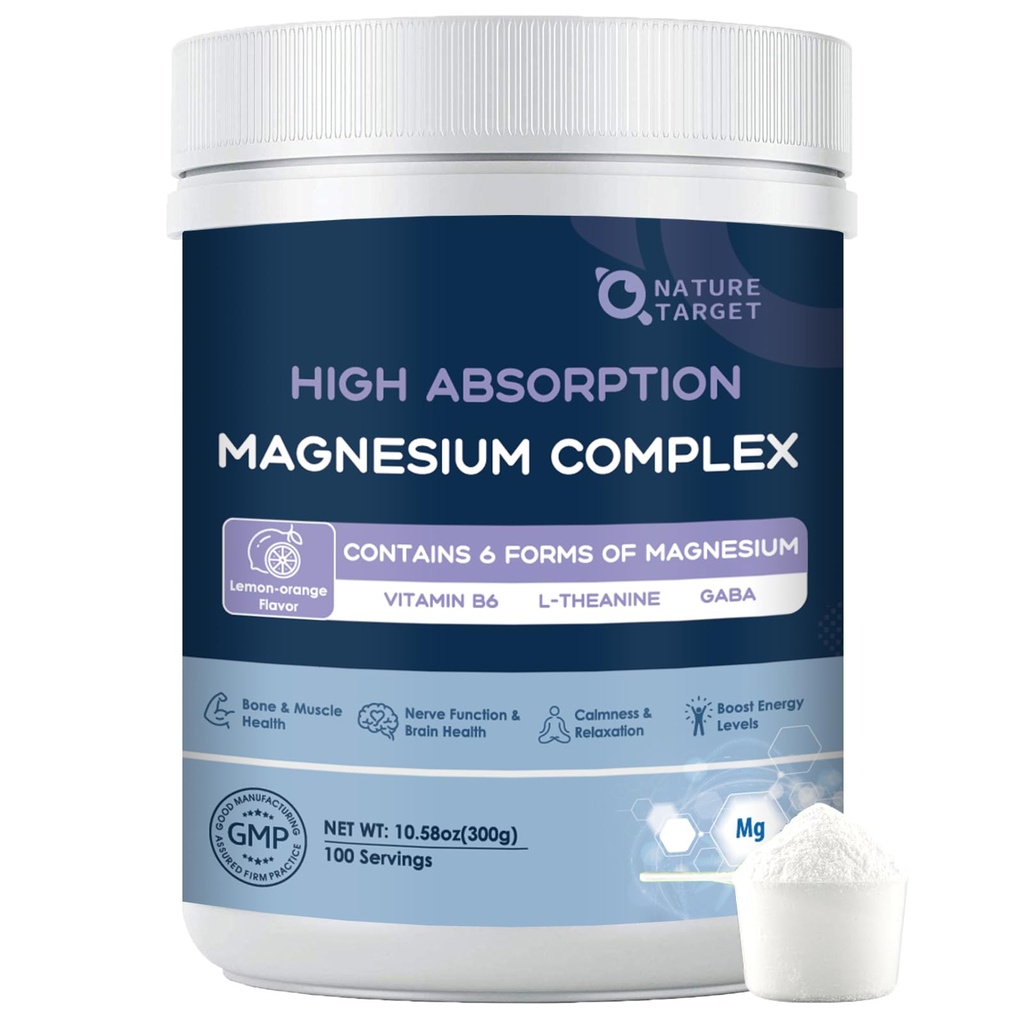 NATURE TARGET Magnesium Powder Supplement with Glycinate, Citrate, Malate, Magnesium Complex with L-Theanine & Vitamin B6 for Muscle, Heart & Brain, Vegan, 10.58 oz (100 Servings), Lemon Orange Flavor