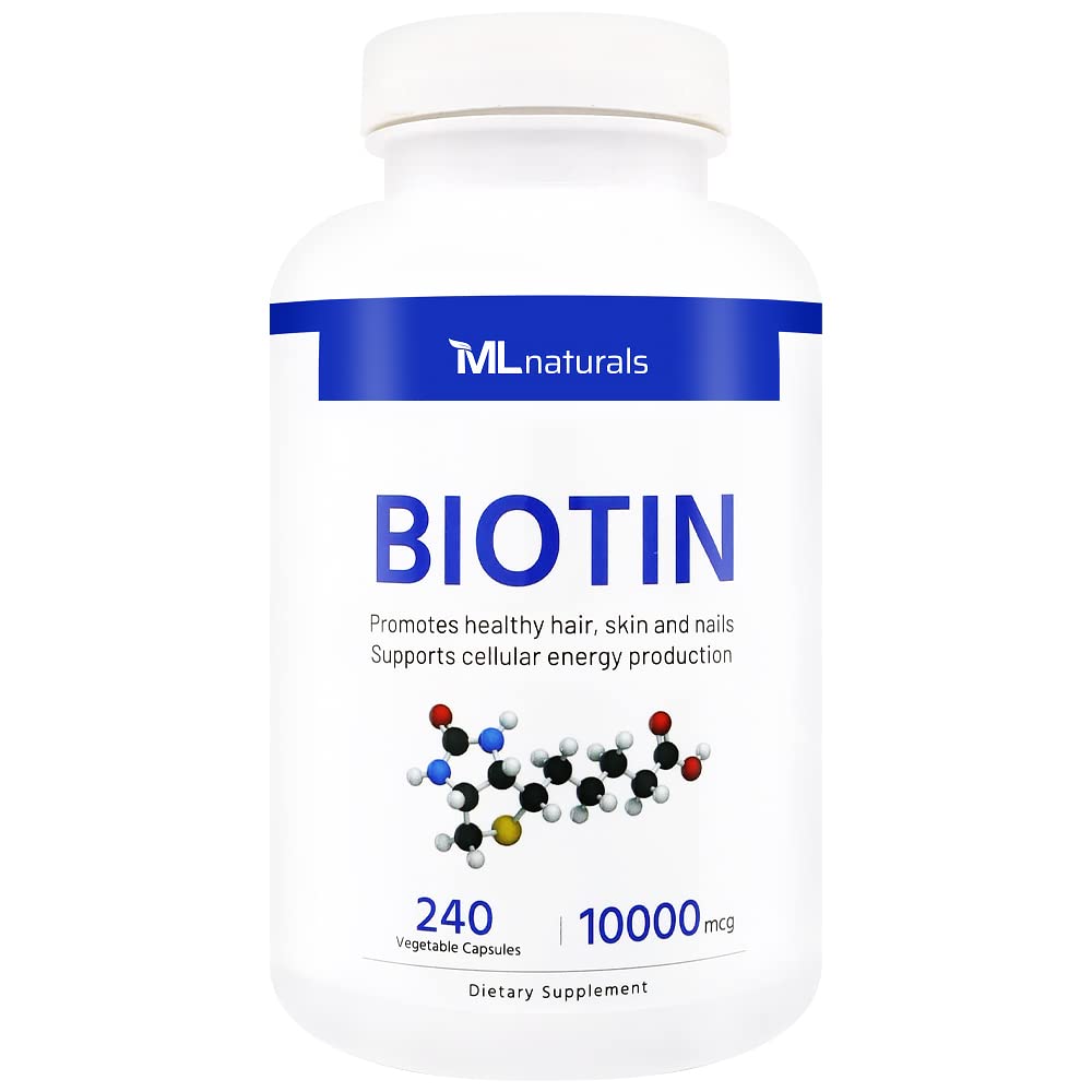 ML Naturals Biotin 10000 mcg 240 cápsulas vegetales. Soporta el cabello saludable, la piel, las uñas y la producción de energía, NSF-Certified &amp; cGMP-Compliant
