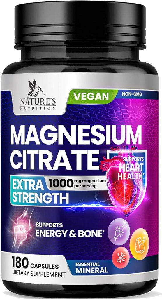 Suplemento de Citrato de Magnesio 1000 mg para la mejor absorción, soporta el hueso, la salud cardíaca, los nervios, los músculos, el metabolismo & la calma, las píldoras de vitaminas de la naturaleza pura, embotellado en EE.UU. - 180 cápsulas