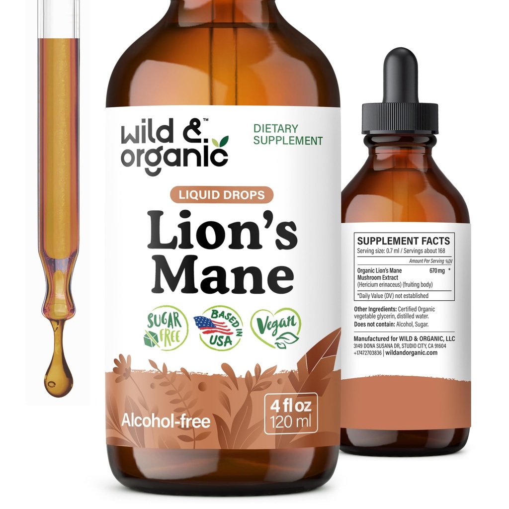 Wild & Organic Lions Mane Liquid Drops - Cerebro &amp; Focus Support - Lion's Mane Mushroom Suplemento - Hericium Erinaceus Mushroom Drops - Vegan, Sugar &amp; Alcohol-Free Extract Tintura - 4 fl oz