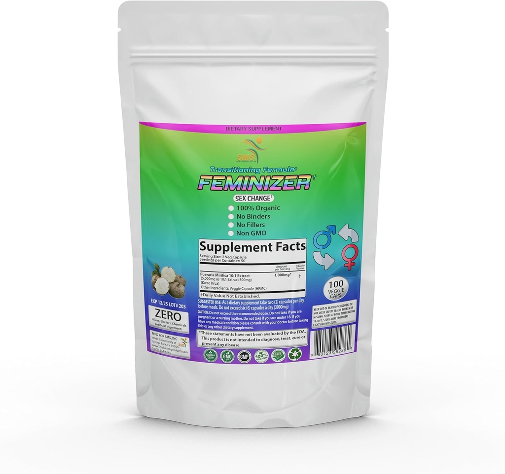 Feminizer Sex Change Pills by SMS, 100 Veggie Caps Pueraria Mirifica For Estrogen 1,000mg Puro 10:1 Extracto de raíz Powder - Kwao Krua Kao - Premium Grado, Orgánica para Mujeres, Transgénero, Ladyboy, LGBT
