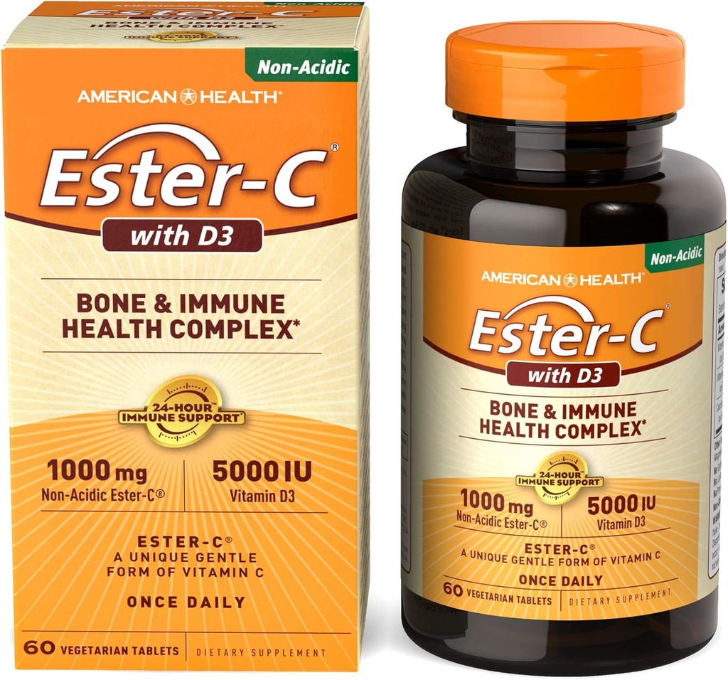American Health EsterC with D3 Bone Immune Complex Vegetarian Tablets 24Hour Immune Support 1000 mg EsterC 5000 IU Vitamina D3 NonAcidic Vitamin C Servings, 60 Cuenta