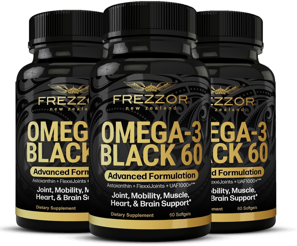 FREZZOR Omega 3 Negro para Cuidado Conjunto & Comfort - Nueva Zelanda Green Lipped Mussel Oil Capsules; 53x Potency Superior con UAF1000+ Super Antioxidante, No Fishy Aftertaste, 60 Conde (Pack of 3)