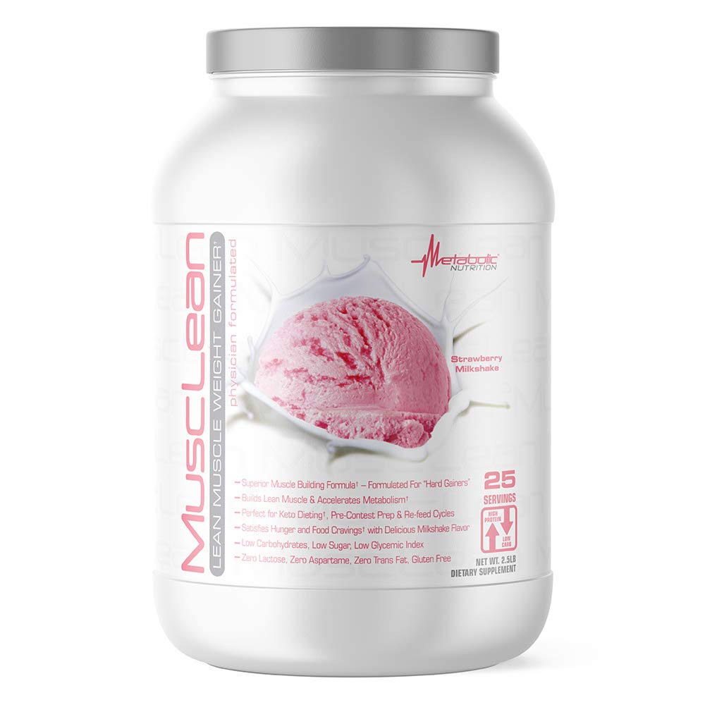 Nutrición metabólica - Musclean - Milkshake, Whey High Protein Meal Replacement, Mantenimiento Nutrición, Baja Carb, Keto Diet, Enzimas digestivas, Fresa, 2,5 libras (25 ser)