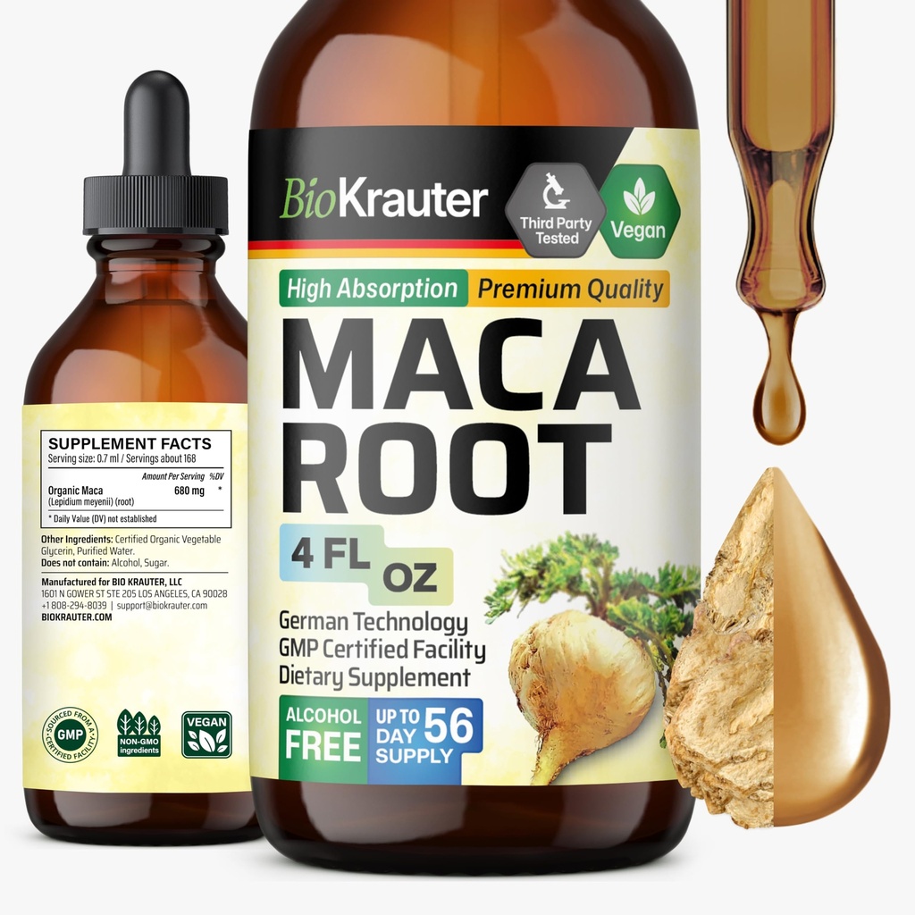 BIO KRAUTER Maca Root Liquid Drops - Maca Extract Tincture - Vegan, Sugar &amp; Alcohol Free Extract 4 Fl.Oz.