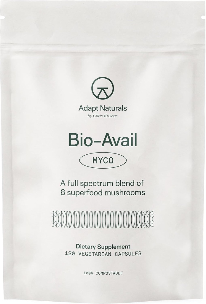 Adapt Naturals Bio-Avail Myco - 8-en-1 Bioavailable Mushroom Suplemento Complejo de Mushroom - Chaga, Cordyceps, Reishi, Lions Mane - Presión de sangre, memoria, inmune - 120 cápsulas