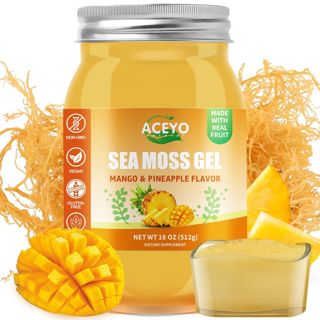 ACEYO (18 OZ) Irish Sea Moss Gel Raw Vegan Mango Pineapple Flavor 102 Vitaminas y Minerales Wild Harvested Non-GMO
