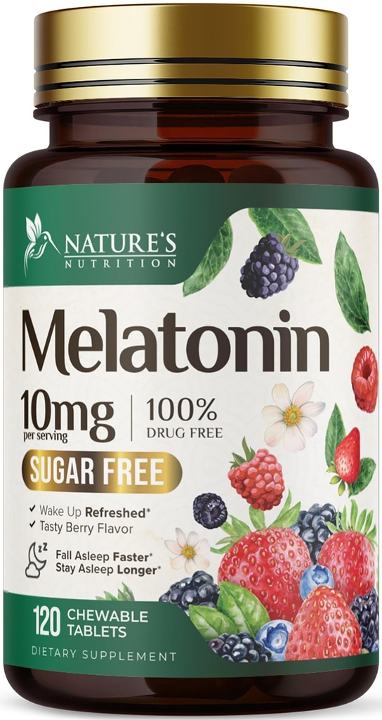Melatonina 10 mg Fast Dissolve, Melatonin Suplementos para el sueño reparador, Natural Sleep Support Suplemento para adultos, Extra Strength Strawberry-Flavored Tablets, Sugar Free, 120 Tablets, 120 Day Supply