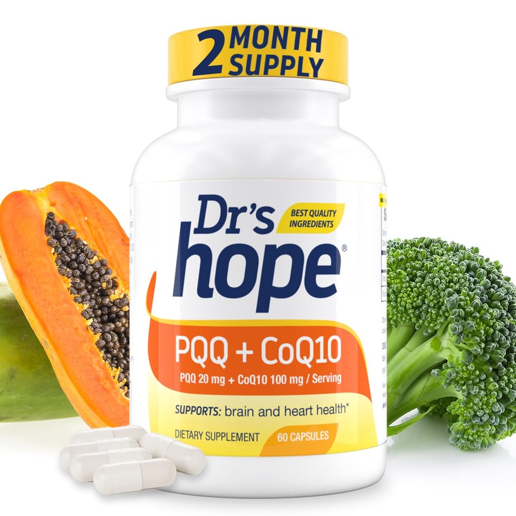 PQQ CoQ10 - PQQ 20mg Con CoQ10 100mg, suplemento PQQ con Coenzyme Q10 Suplemento Apoya la salud cerebral, 60 cápsulas vegetarianas - 1 cápsula por servicio