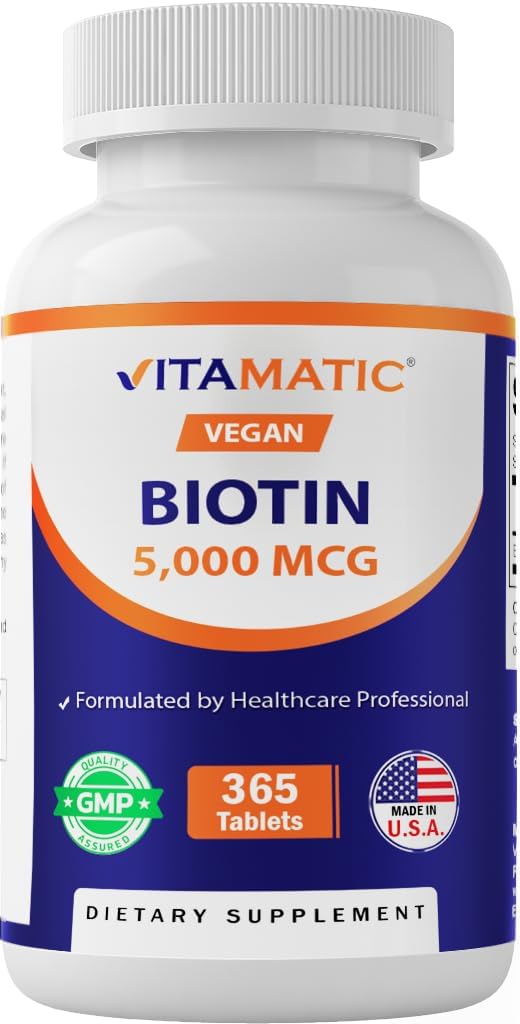Biotina vitamática 5000mcg (5 mg) para el cabello más fuerte, piel & uñas - 365 tabletas vegas- también llamada vitamina B7