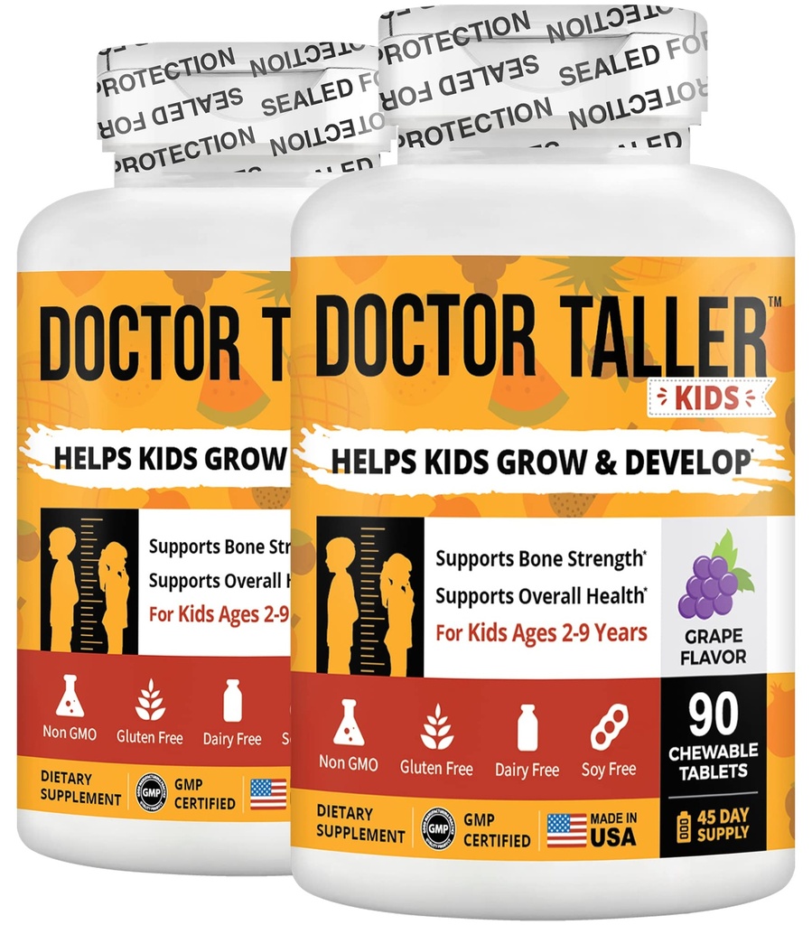 NuBest Doctor Taller Kids - Multivitamínicos para niños, Vitaminas Toddler - Soporte Fortaleza ósea, Inmunidad mejorada con calcio, Multivitamínicos para edades de 2 a 9 - Sabor de uva - 90 Tabletas Chewable  Pack 2