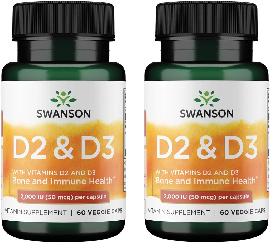 Complejo de vitamina D Swanson con vitaminas D2 & D3 - Complejo completo de vitaminas Sunshine para la salud ósea, dental e inmunitaria - Suplemento de vitaminas (50 mcg, 60 cápsulas vegetales) (2 Pack)