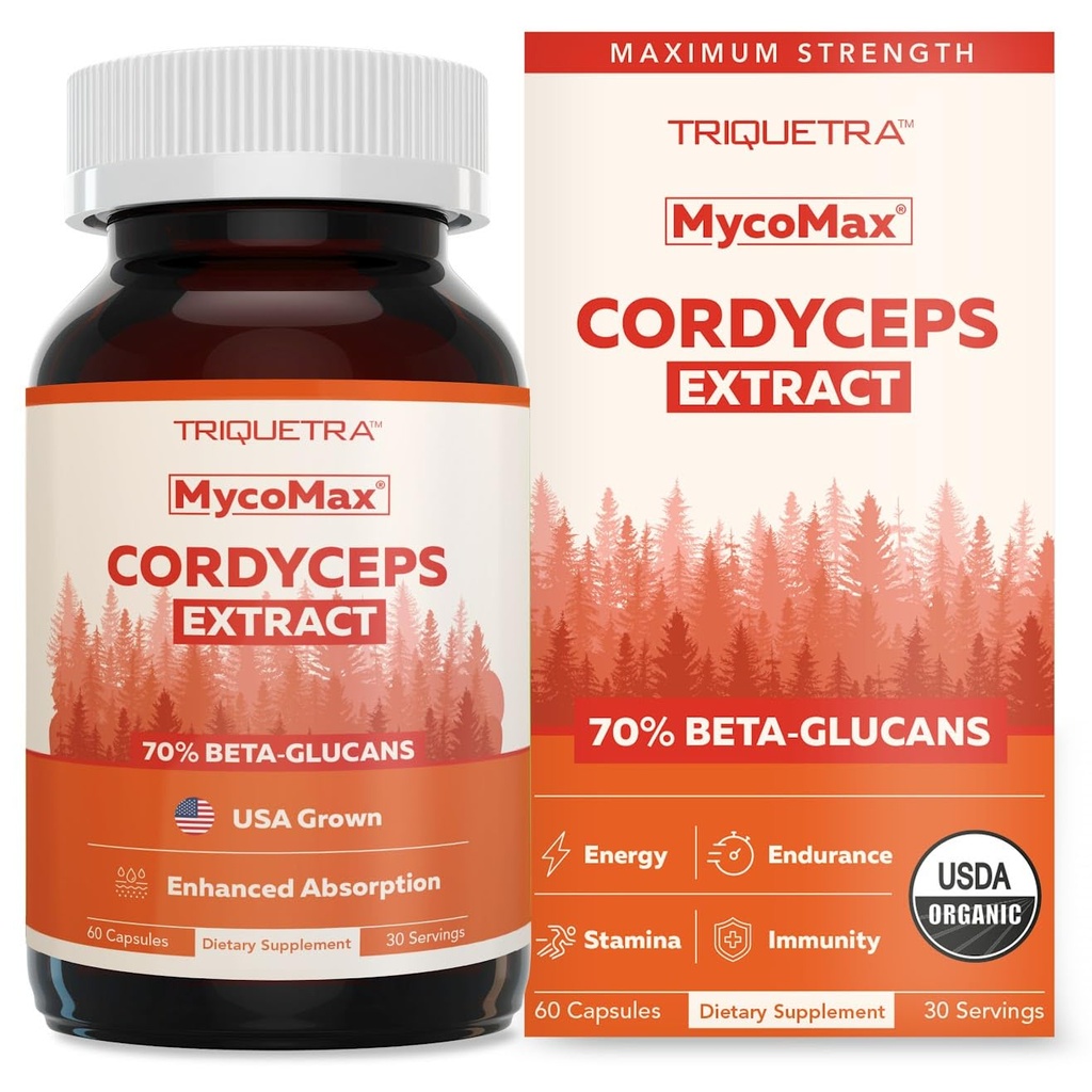 Orgánica Cordyceps Mushroom Extract - 70% Beta Glucans - Altos niveles activos de nutrientes, Max Potency Cordyceps Capsules, US Grown + Extracción Ultrasónica - Performance, Inmunity & Energy - 60 cápsulas