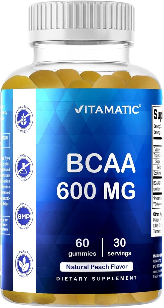 Vitamatic BCAA Gummies - Branch Chain Amino Acid Suplementos - Peach Flavor - 600mg por Serving - 60 Gummies Vegan Pectin Based (1 Bottle)