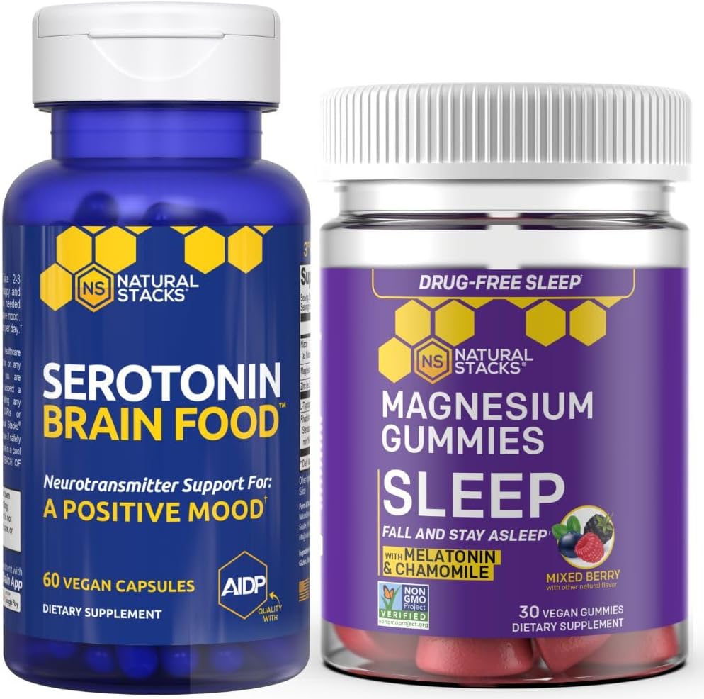 NATURAL STACKS Sleep Magnesium Gummies + Serotonin Brain Food Bundle - Supports Quality Sleep & Positive Mood* - 90 piezas totales