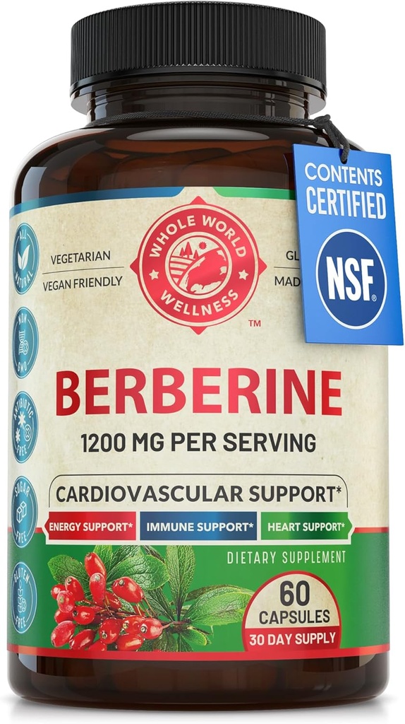 1200 mg Beberine Herbal Health Capsules Support Heart and Cardiovascular Health, Help Maintain Healthy Cholesterol, Triglyceride, Blood Sugar Levels, Supports Digestion, Boosts Metabolism, 60 capsules