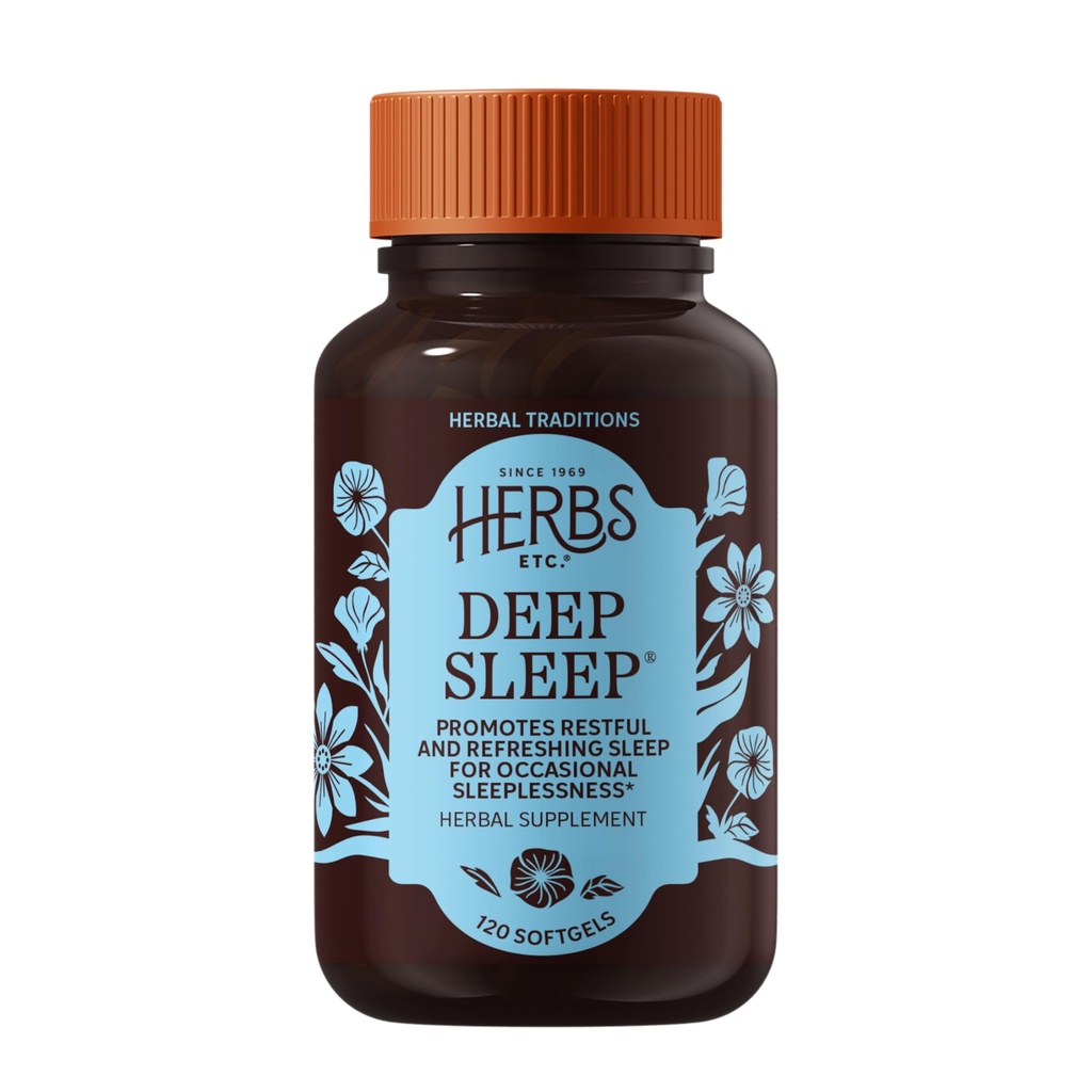 Herbs Etc. Deep Sleep Softgels - Herbal Sleep Support Suplemento - Rest &amp; Calming Support with Passionflower, Chamomile & Lemon Balm - 120 Softgels (120 Servings)