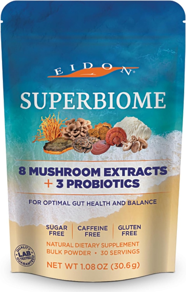Eidon SuperBiome, Mushroom Probiotics Powder Blend, Gut Balance, Microbiome Health Supplement with Organic Reishi, Chaga, Lion's Mane, Cordyceps, Turquía Tail, Shitake, Maitake, Phelinus, 30 Servings