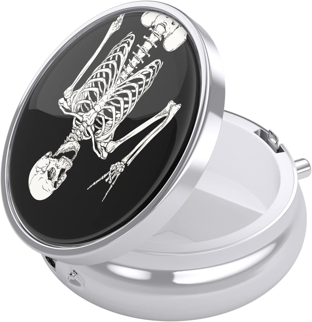 Nipichsha Pill Box, Small Pill Case for Purse & Pocket, Cute Travel Medicine Organizer, Portable Medicine Container Holder to Hold Vitamins, Medication, Fish Oil &amp; Supplement, Human Skeleton