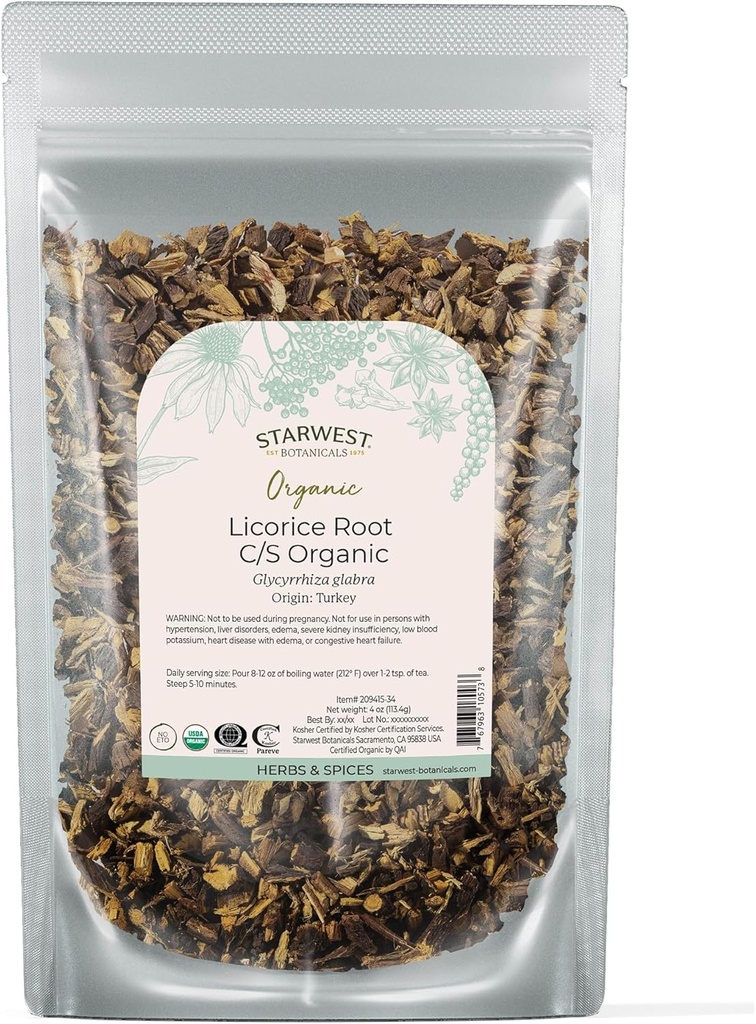 Starwest Botanicals Organic Dried Licorice Root - Herb for Loose Leaf Tea Blends, Candy, & Baked Goods, Cut & Sifted, Certified Kosher, Non-GMO - 4 oz Pouch