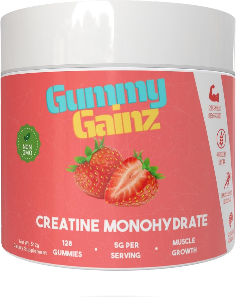 Creatine Monohydrate Gummies Muscle Strength Builder Gain Faster Recovery 5000mg para Hombres &amp; Mujeres Boost Energy Pre-Workout Chewables Suplemento 128ct (Regular, Fresa)
