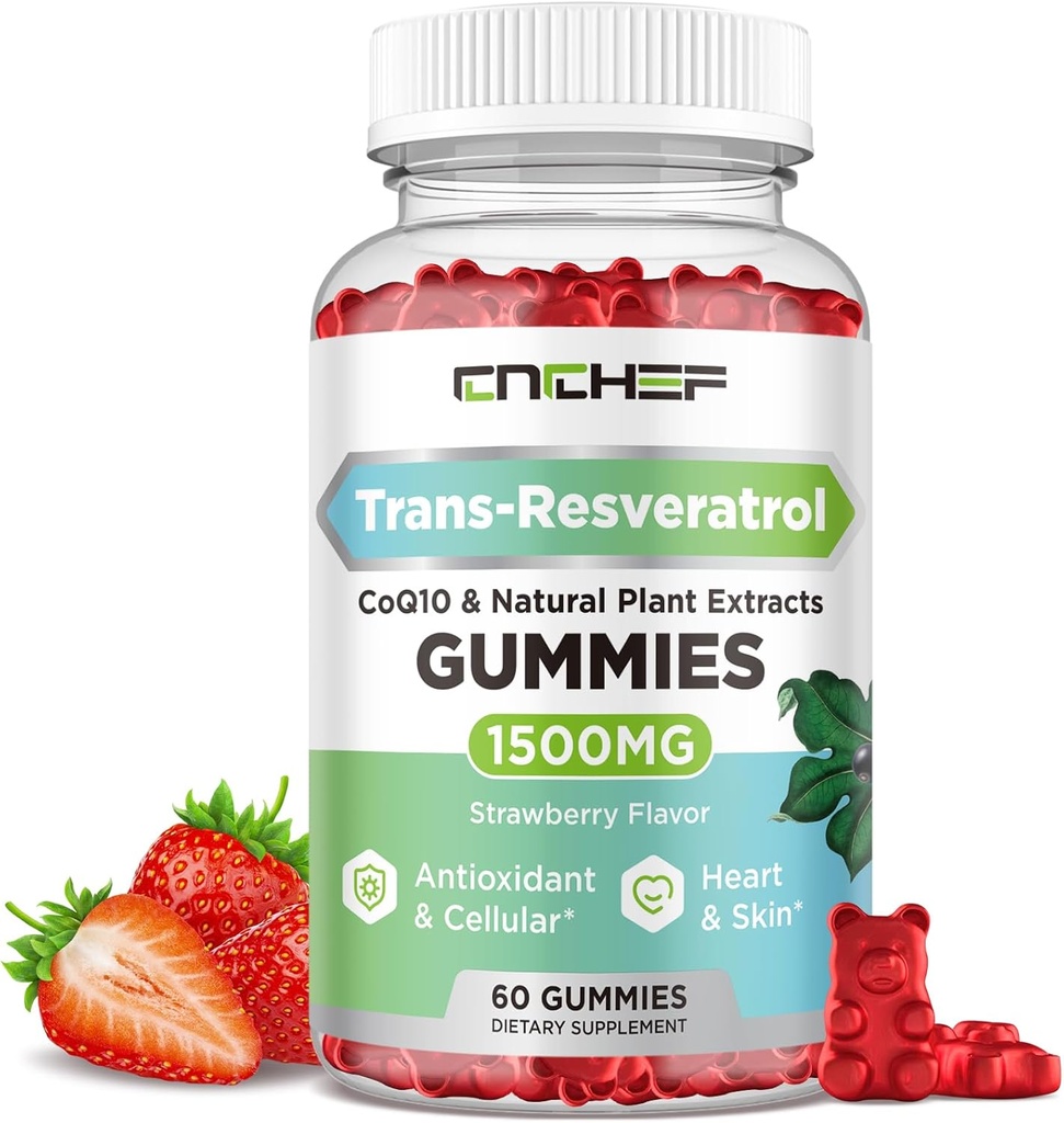 [BRSRAGIRA4JQKEQ3] Trans-Resveratrol Gummies 1500mg - Resveratrol Suplemento Gummies con Quercetina, Magnesium Glycinate, CoQ10 & Vitamina C para Antioxidante, Inmune, Cerebro, Energía Conjunta - Sabor de Fresa Libre de Azúcar