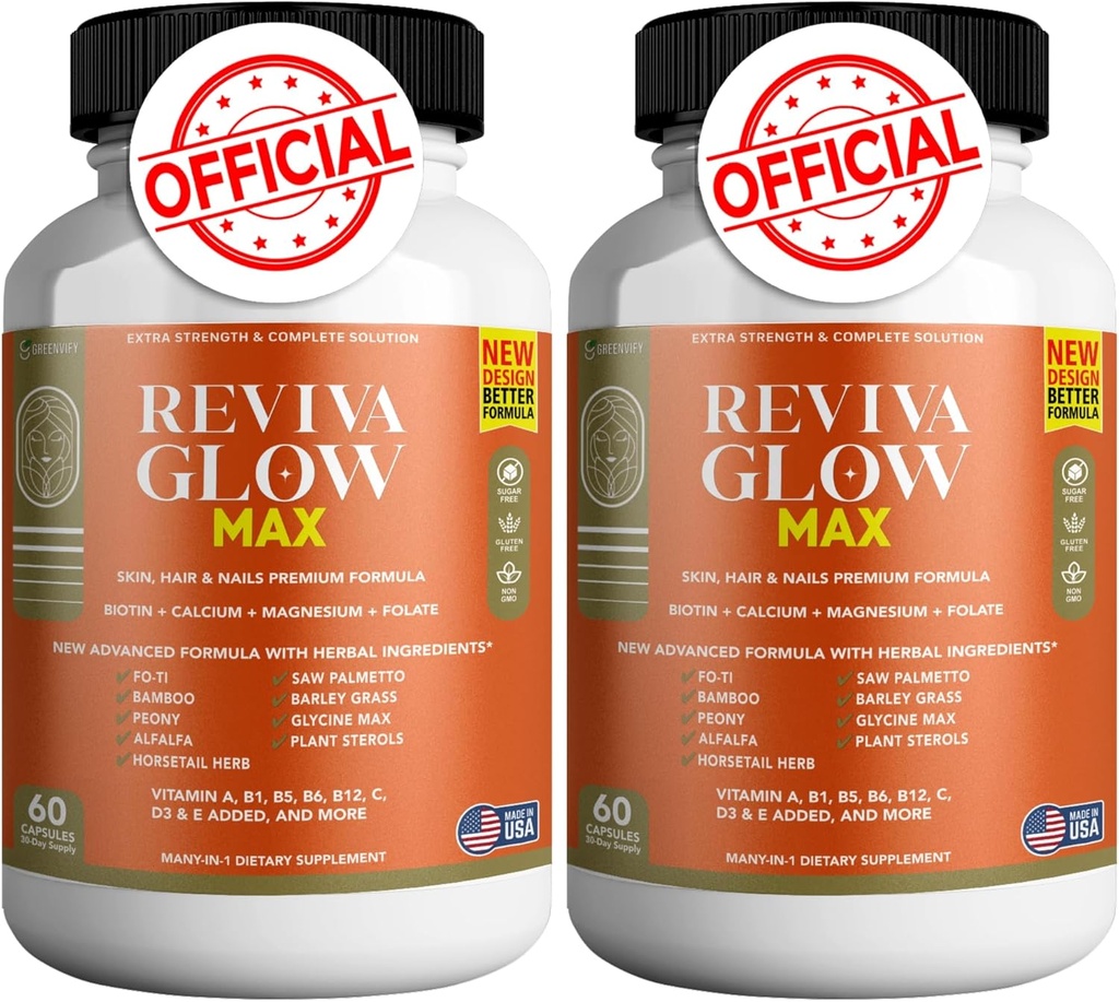 Reviva Glow Max - Peluquería, Piel & Nails Apoyo Suplemento ¦ Biotin, Calcio, Magnesio, Folate & Herbal Blend ← Premium Fórmula tención 120 Capsules, Vegan & Gluten-Free