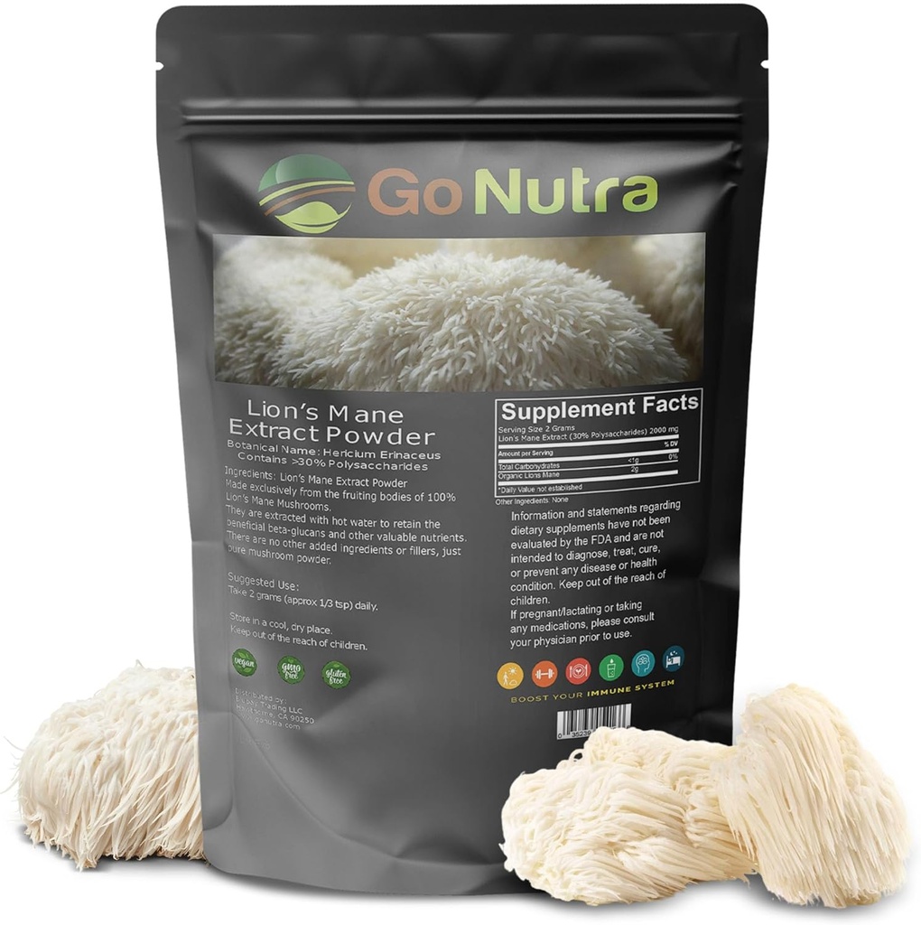 Go Nutra - Mane Powder de León, Potente 10:1 Mane Mushroom de León Polvo con 30% Polysaccharides, Puro León Mane Extract para Té, Jugo, Agua y Más, No GMO, Vegan, 8 oz