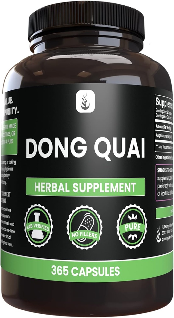 PURE ORIGINAL INGREDIENTES Dong Quai, (365 cápsulas), No Magnesio Or Rice Fillers, Siempre Puro, Lab Verified