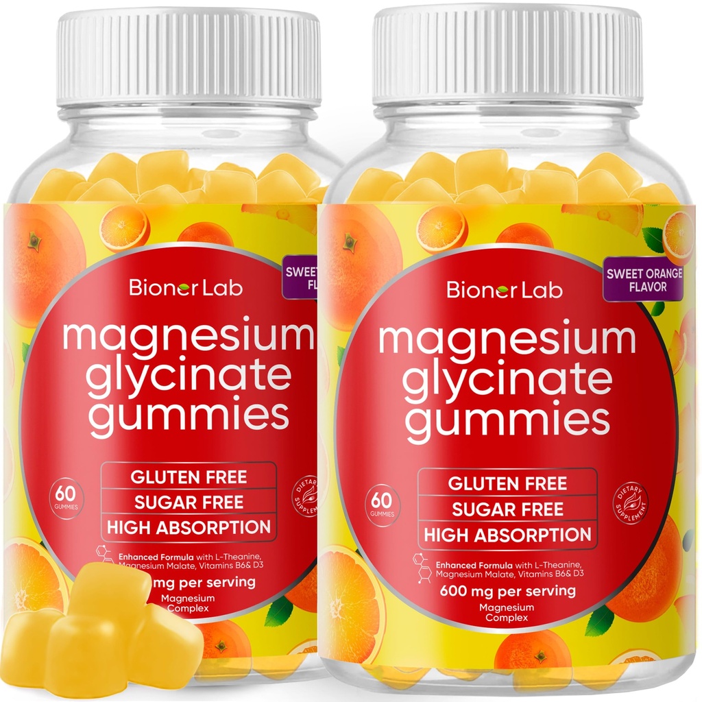 BionerLab Magnesium Glycinate Chewable Gummies (600mg) for Kids &amp; Adults Women Men - Complejo Vegan con Calcio Potasio Vitamina D B6 L-Theanine - Azúcar &amp; Gluten Gratis - Orange Flavor