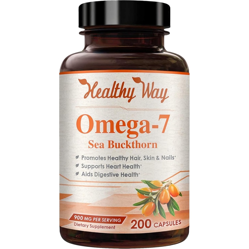 Puro Omega 7 ácidos grasos 200 cápsulas 900 mg de aceite de hebilla del mar natural, NON-GMO USA Made