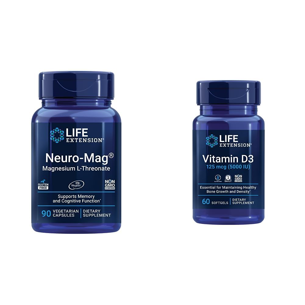 Ampliación de vida Neuromag Magnesio L-treonato y Vitamina D3 Suplemento Bundle para Cerebro, Hueso y Salud Inmune