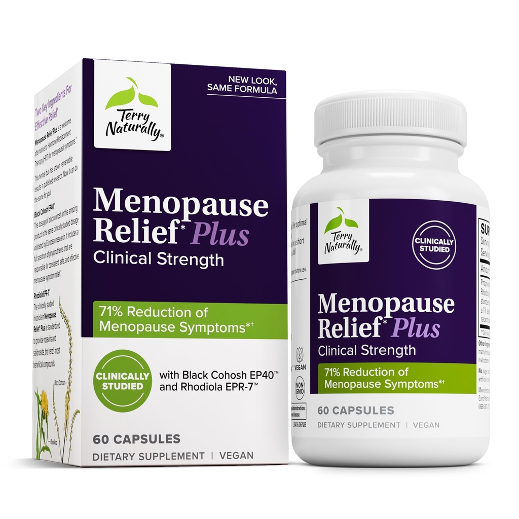 Terry Naturalmente Menopause Relief Plus - Suplemento sintoma de la menopausia - Suplemento de Ayuda Contra la Cansancio ocasional &amp; Suecos nocturnos - Suplemento con Rhodiola &amp; Black Cohosh - 60 cápsulas