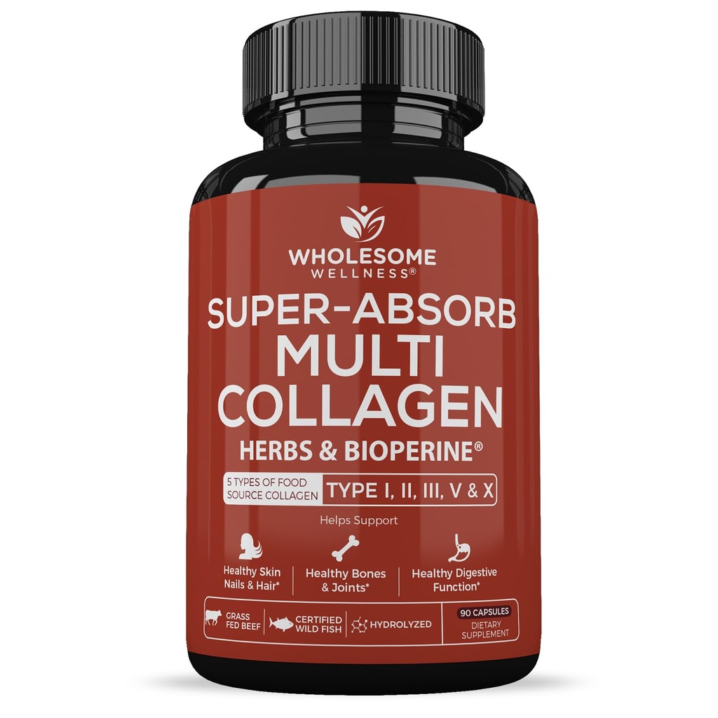 Píldoras de colágeno multiabsorb (Tipo I II III V X) Héroes orgánicos " Bioperina - Cabello, piel, uñas - Péptidos hidrolizados Suplemento de proteínas para hombres de mujeres " (90 cápsulas)