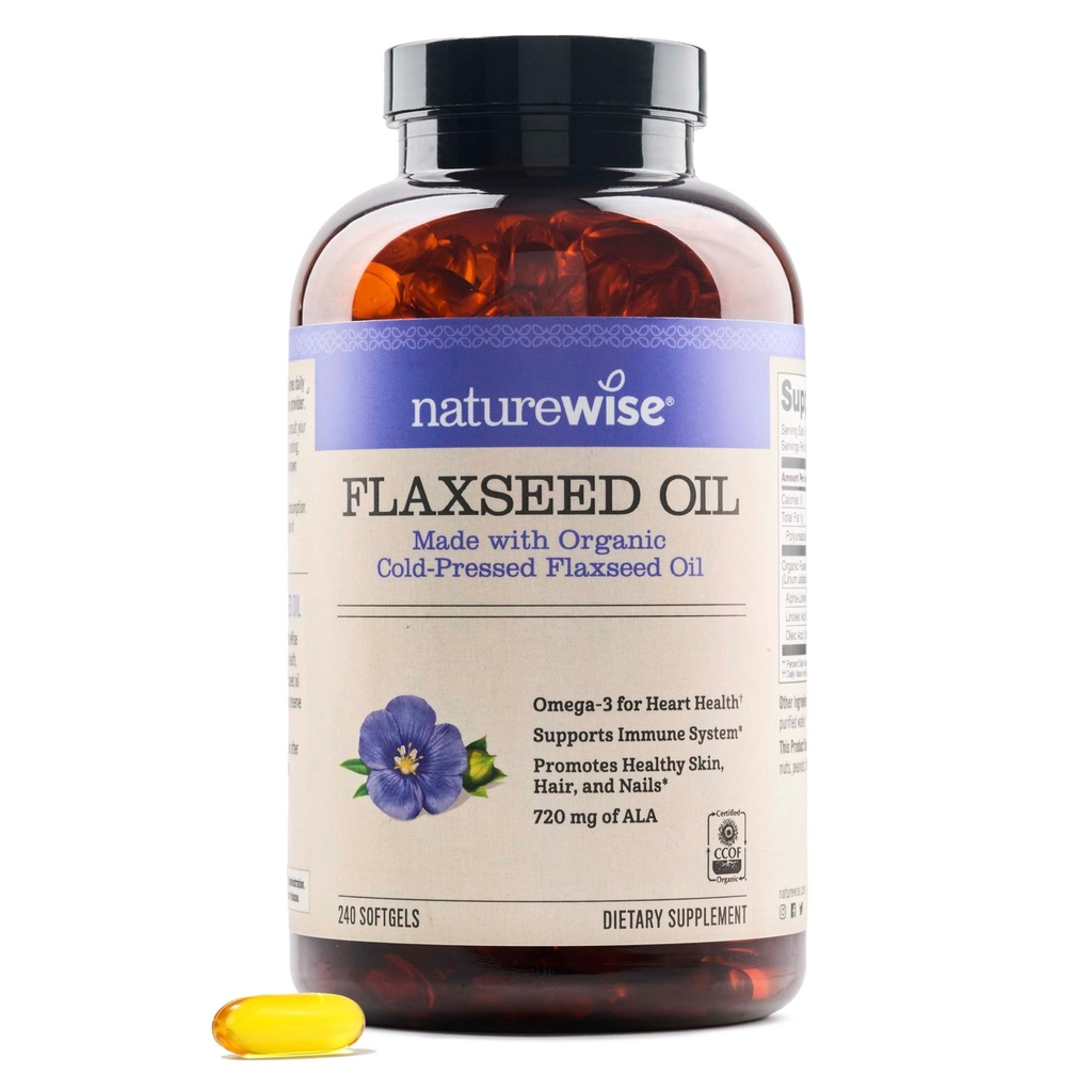 NatureWise Flaxseed Oil 1,242 mg, Fish Free Omega 3 6 9 con 720mg ALA, Suplemento dietético para el apoyo a la salud cardíaca - Orgánico, frío prensado, no GMO - 240 Softgels[8-Month Supply]