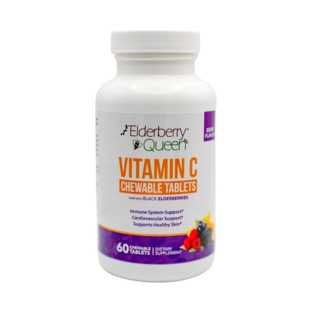Elderberry Queen Chewable Vitamina C 500mg - Immune Boost & Antioxidant Support Tablets with Vitamin A, E & Organic Echinacea, Elder Fruit, Acerola - Natural Dietary Supplement, 60 Count