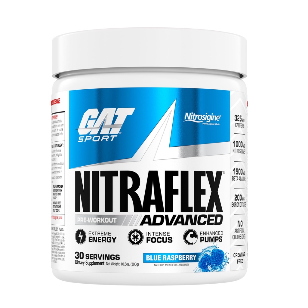 GAT SPORT Nitraflex Advanced Pre-Workout Powder, Aumenta el flujo sanguíneo, aumenta la fuerza y la energía, mejora el rendimiento del ejercicio, (Blue Raspberry, 30 Servimientos)
