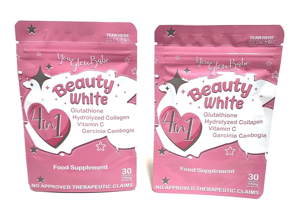 Belleza Blanca 4 en 1 Glutathione Suplemento alimenticio, Tamaño 15gram Cada (Pack de 2) 30 x 2-60 cápsulas