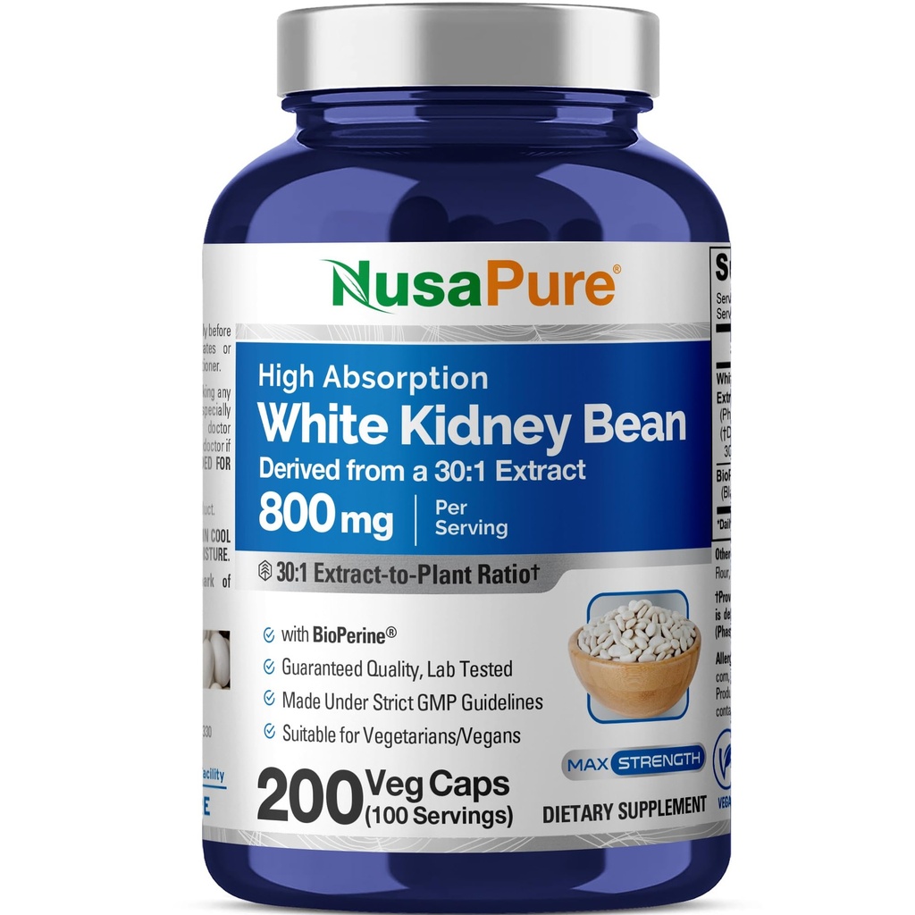 NusaPure White Kidney Beans 30:1 Extracto, 800 mg Equivalente a 24.000 mg 200 cápsulas Vegan - Bioperina - (Vegan, No GMO)