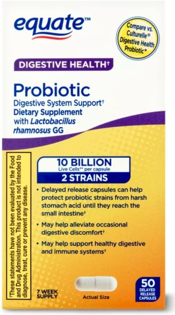 Equate Probiotic Supplement Digestive System Support - Overall Digestive Health Support - Minimizes Constipation, Diarrhea, Gas & Bloating -Delayed Release Capsules, 50 Count