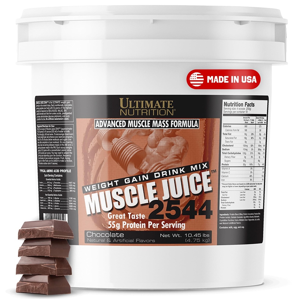 Ultimate Nutrition Muscle Juice, Weight Gain Drink Mix - Mass Gainer Workout Powder for Men &amp; Women - Suplemento para el crecimiento del músculo magro &amp; Immune Support with 55g Protein - Chocolate, 10.45lb
