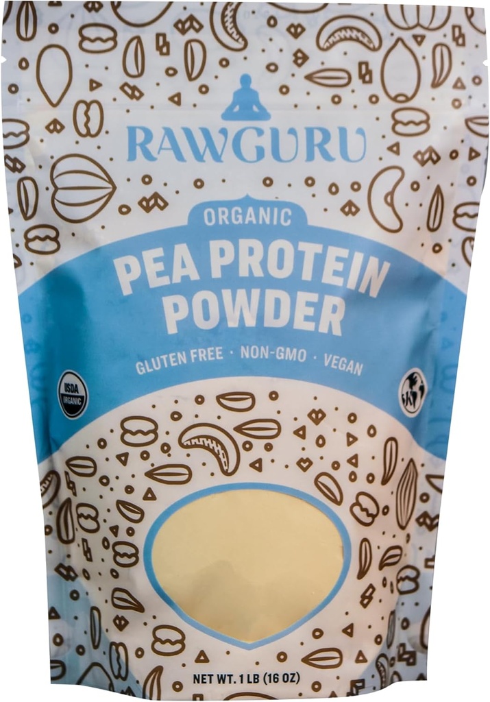 RawGuru Orgánica Pea Protein Powder - 16 oz - USDA Orgánica Silencio Gluten Libre Silencio No GMO Silencio Vegan Silencio Planta Protein Polvo