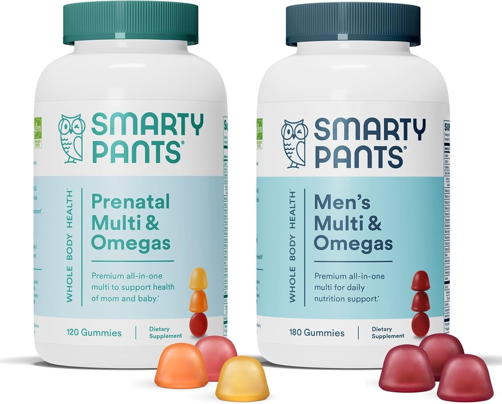 SmartyPants Prenatal and Men's Multivitamin Gummies Bundle: Omega 3 Fish Oil (EPA/DHA), Biotina, Methylfolate, Vitamina D3, C, Vitamina B12, B6, A, K & Zinc for Immune Support (30 Day Supply)