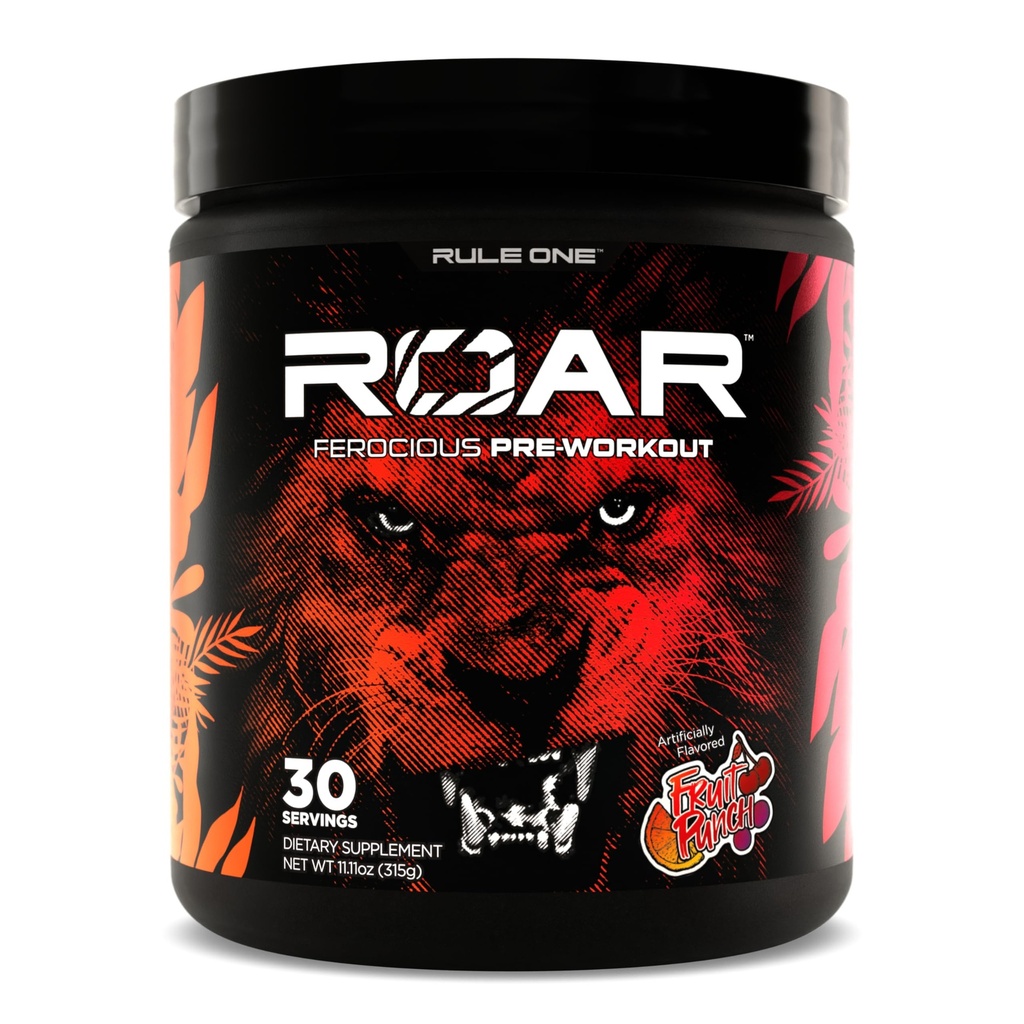 Regla 1 R1 Roar - Pre-Workout Powder con Creatina, Beta-Alanina, Citrulline, Electrolitos &amp; Caffeine (30 Servimientos, Fruit Punch)