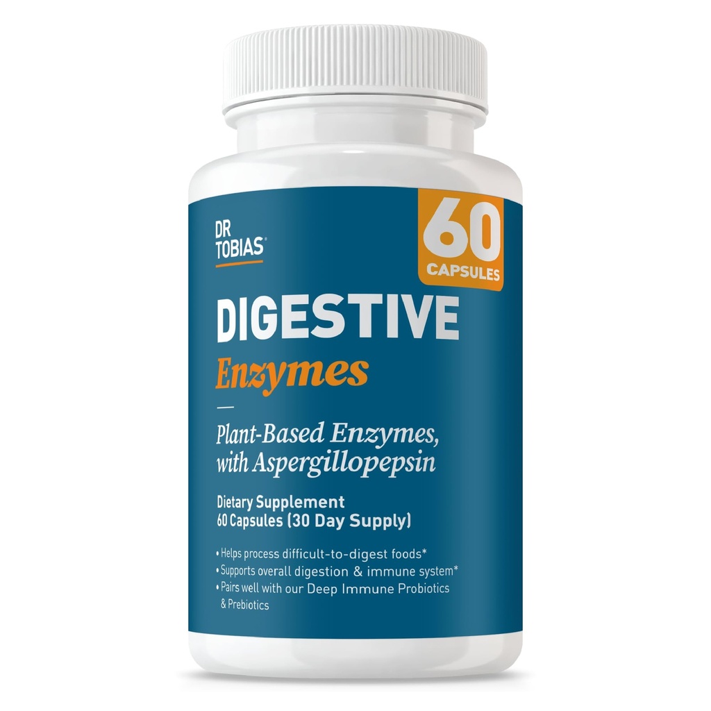 Dr. Tobias Digestive Enzymes with Amylase, Bromelain, Lipase, Lactase, Protease, Papain &amp; More, Digestion Supplement with 18 Enzymes for Digestion and Gut Health, 60 Capsules, 30 Servings