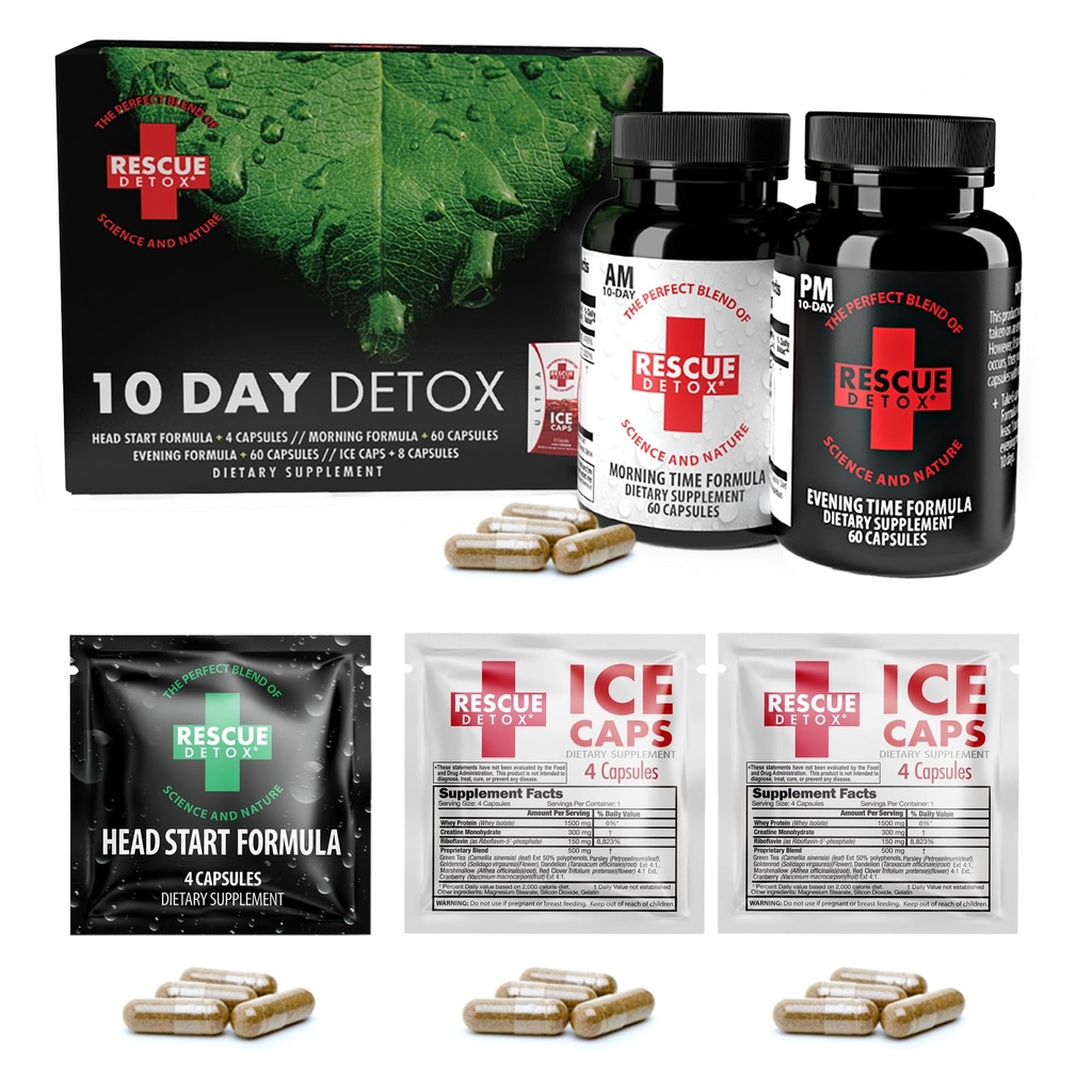 Rescue Detox 10 Day Kit de desintoxicación permanente - 132ct Capsules  durable Full Body Cleanse with Bonus Instant ICE Caps