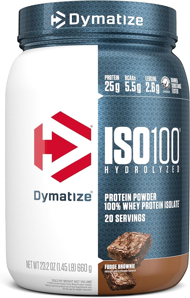 Dymatize ISO100 Whey Protein Powder Isolate, Fudge Brownie, 25g de Protein, 20 Servings, 5.5g BCAAs, Menos Than 120 Cal., Gluten Free, 1g Fat, 1g Sugar, 2g Carb